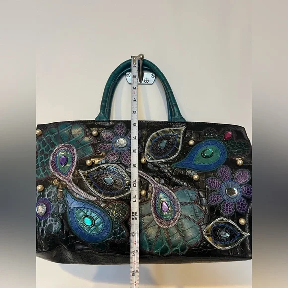 Braccialini Leather Patchwork Embellished Tote Bag Croc Embossed Floral Gem Vtg - Picture 13 of 14